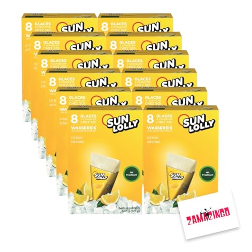 Sun Lolly Wassereis Zitrone Zuckerfrei mit Fruchtsaft 8 x 60ml | ZUCKER-, GLUTEN-, und LAKTOSEFREI | Stangeneis für Sommer (12er Pack, Zitrone) von Zama4Zingo