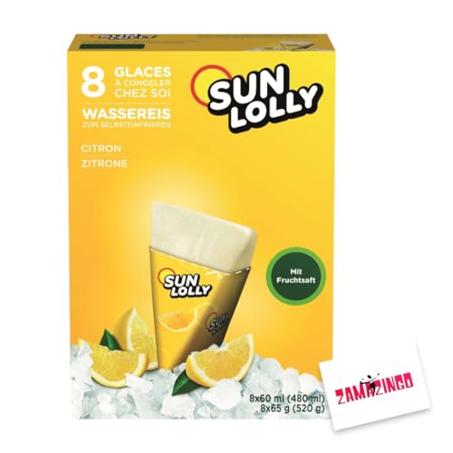 Sun Lolly Wassereis Zitrone Zuckerfrei mit Fruchtsaft 8 x 60ml | ZUCKER-, GLUTEN-, und LAKTOSEFREI | Stangeneis für Sommer (1er Pack, Zitrone) von Zama4Zingo