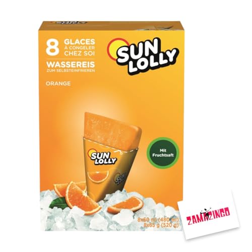 Sun Lolly Wassereis Orange mit Fruchtsaft 8 x 60ml | GLUTEN-, und LAKTOSEFREI | Stangeneis für Sommer (1er Pack, Orange) von Zama4Zingo