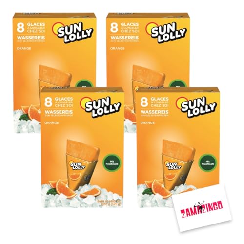 Sun Lolly Wassereis Orange mit Fruchtsaft 8 x 60ml | ZUCKER-, GLUTEN-, und LAKTOSEFREI | Stangeneis für Sommer (4er Pack, Orange) von Zama4Zingo