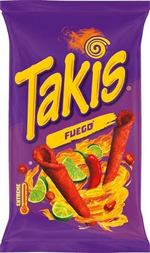 Takis Fuego Extreme Hot Maischips mit Chili- und Limettengeschmack 100g | Knusprige, frittierte gerollte Snacks | Pikant und würzig | (Fuego, 1er Pack) von Zama4Zingo