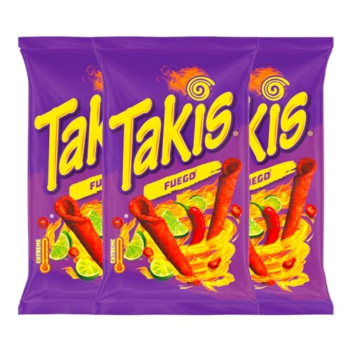 Takis Fuego Extreme Hot Maischips mit Chili- und Limettengeschmack 100g | Knusprige, frittierte gerollte Snacks | Pikant und würzig | (Fuego, 3er Pack) von Zama4Zingo
