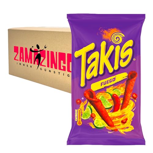 Takis Fuego Extreme Hot Maischips mit Chili- und Limettengeschmack 100g | Knusprige, frittierte gerollte Snacks von Zama4Zingo