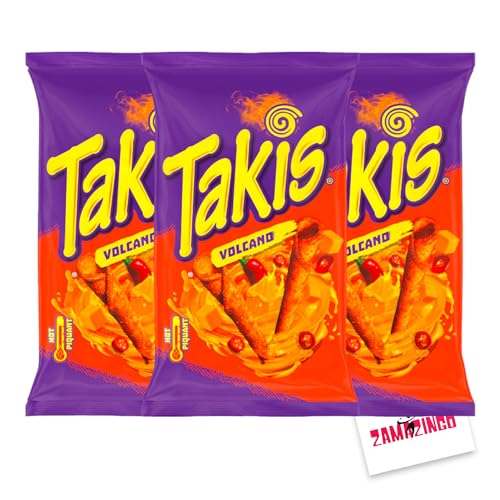 Takis Volcano Hot Maischips mit Käse- und Chiligeschmack 100g | Knusprige, frittierte gerollte Snacks | Pikant und würzig | (Volcano, 3er Pack) von Zama4Zingo