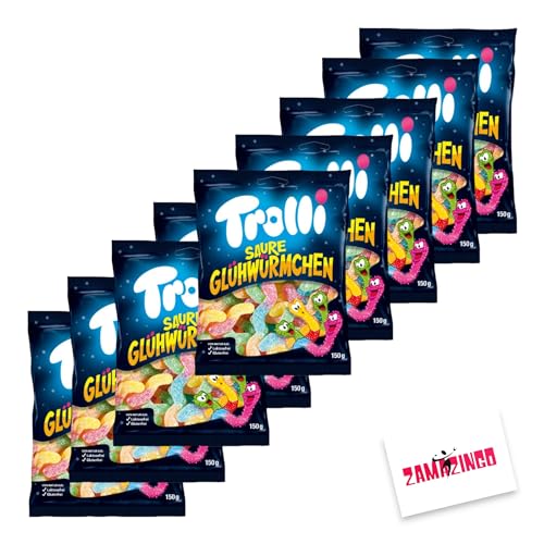 Trolli Saure Glühwürmchen 150g | Gummibonbon Tüte Ideal als Süßigkeit zu Halloween | Lakotsefrei, Glutenfrei (150g Tütchen, 10er Pack) von Zama4Zingo
