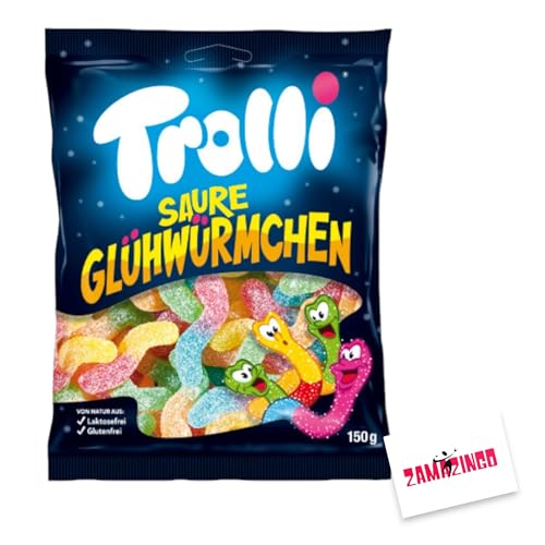Trolli Saure Glühwürmchen 150g | LAKTOSEFREI | GLUTENFREI | Gummibonbon Tüte Ideal als Süßigkeit zu Halloween | Lakotsefrei, Glutenfrei inkl. Zama4Zingo Karte (150g Tütchen, 1er Pack) von Zama4Zingo