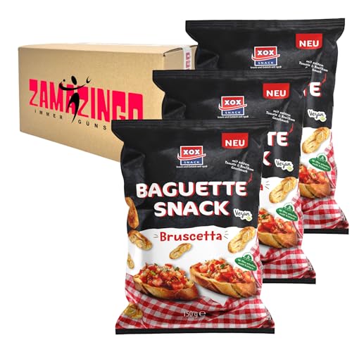 XOX Baguette Snack Bruscetta | Vegan | 150g - Im Ofen gebacken, mit echtem Tomate & Basilikum Geschmack | für unterwegs oder Zuhause (3er Pack) von Zama4Zingo