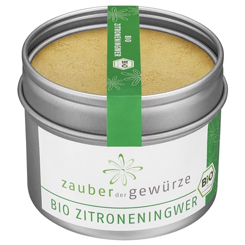 Zauber der Gewürze Bio Zitroneningwer, Zitronen Ingwer Pulver Bio – verleiht Gerichten & Getränken einen Frische-Kick, für Dressings, Marinaden, Currys, Tee, Säfte, Cocktails, 65 g von Zauber der Gewürze