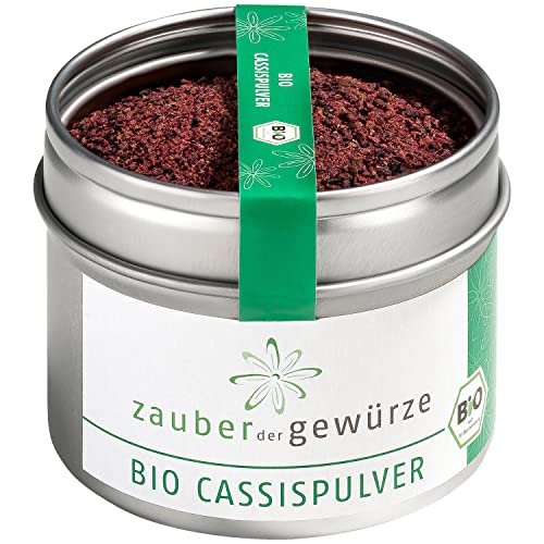 Zauber der Gewürze Bio Cassispulver, Cassis Pulver, Johannisbeerpulver für Smoothies, Porridge, Milchshakes, Quark, zum Backen und als Topping, Spitzen-Qualität in Aroma-Dose, 60 g von Zauber der Gewürze