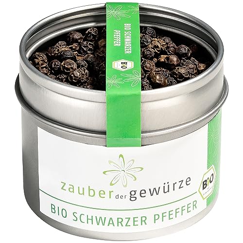 Zauber der Gewürze Schwarzer Pfeffer ganz Bio – Schwarze Pfefferkörner für die Pfeffermühle mit leichter Schärfe, ideal zum Verfeinern von Fleisch, Gemüse und Saucen, 55 g von Zauber der Gewürze