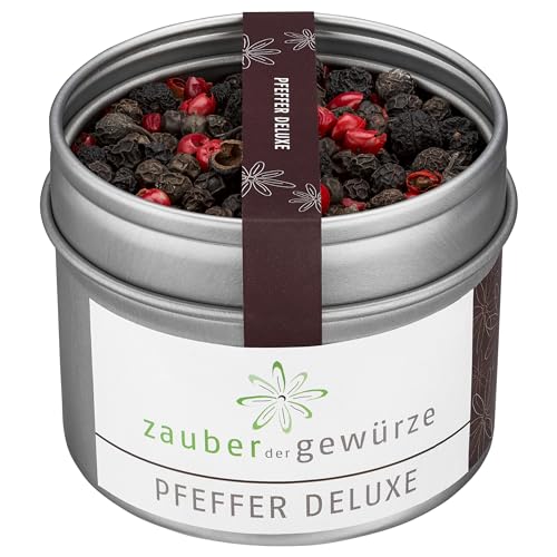 Zauber der Gewürze Pfeffer deluxe, Gourmetpfeffer, ganze Pfefferkörner für die Mühle oder den Mörser, Premium-Qualität in wiederverschließbarer Aroma-Dose, 55 g von Zauber der Gewürze