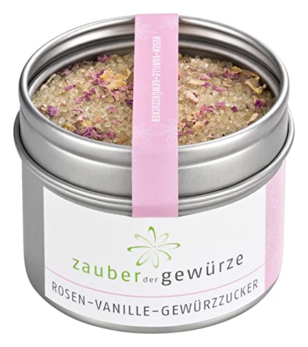 Zauber der Gewürze Rosen Vanillezucker, Gewürzzucker, Rosenzucker, Zucker mit Vanille gemahlen und getrockneten Rosenblüten-Blättern essbar, Premium-Qualität in wiederverschließbarer Aroma-Dose, 100 g von Zauber der Gewürze