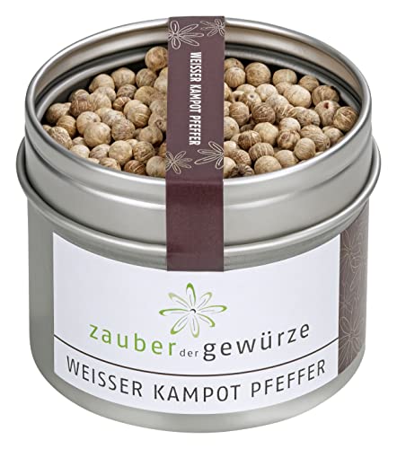 Zauber der Gewürze Kampot Pfeffer weiß, echter weißer Kampot Pfeffer aus Kambodscha, sonnengetrocknete weiße Pfefferkörner, Premium-Qualität in wiederverschließbarer Aroma-Dose, 80g von Zauber der Gewürze