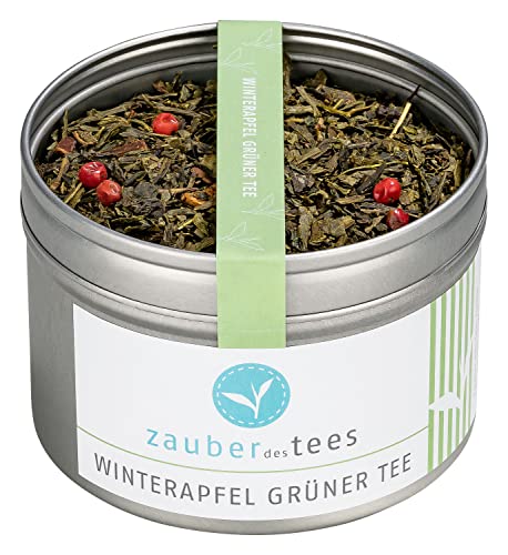 Zauber des Tees Grüner Tee Winterapfel - winterlich-fruchtiger Geschmack, Wintertee mit Apfelstücken und Zimt, Top-Qualität in wiederverschließbarer Aroma-Dose, 50 g von Zauber des Tees