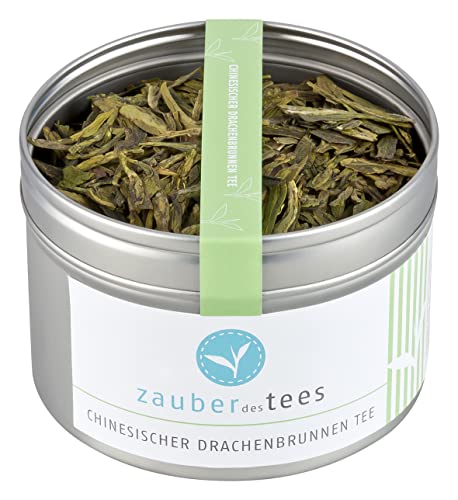 Zauber des Tees Chinesischer Drachenbrunnen Tee – Grüner Tee Lung Ching aus flach gepressten frischen Teeblättern, lieblicher Geschmack, 55 g von Zauber des Tees
