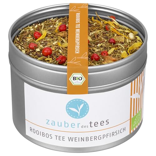 Zauber des Tees Rooibos Tee Weinbergpfirsich Bio – Roibusch Tee mit fruchtigem Pfirsich-Geschmack, 65 g von Zauber des Tees