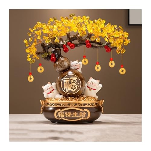 Feng Shui Baumdekoration für den Innenbereich, Kristall-Geldbaum, Feng Shui-Dekoration, Glückskatze, Kürbis, Bonsai for Reichtum und Wohlstand, Kristallbaum, für Zuhause, Büro(Brown) von Zephyria
