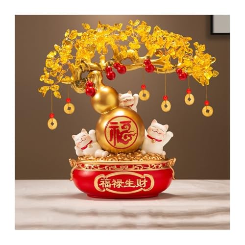 Feng Shui Baumdekoration für den Innenbereich, Kristall-Geldbaum, Feng Shui-Dekoration, Glückskatze, Kürbis, Bonsai for Reichtum und Wohlstand, Kristallbaum, für Zuhause, Büro(Gold) von Zephyria