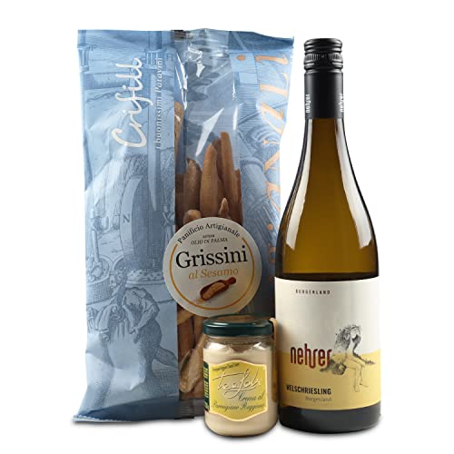 Geschenkbox Käsige Weinprobe, italienische Feinkost, österreichischer Weißwein, Grissini, Käsecreme von Zerres Gourmet