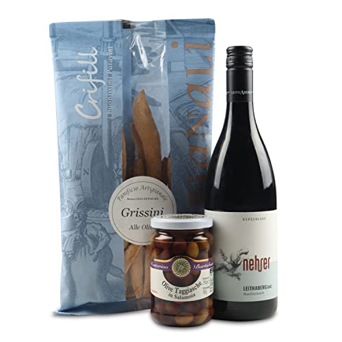 Geschenkbox Weinprobe im Olivenhain, Feinkost, Rotwein mit Grissini und Oliven von Zerres Gourmet