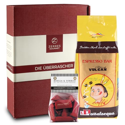 Zerres Gourmet Feinkost Geschenkset aus Italien Passalacqua Black Vulcan Espresso & Gianduiotti Pralinen ausgewählte Italienische Feinkost Spezialitäten von Zerres Gourmet