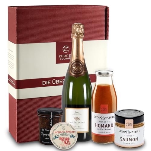 Zerres Gourmet Geschenkkorb Frankreich Crémant Schaumwein Lachs-Rillette Hummersuppe Feige-Nuss-Konfitüre und Bretonische Karamellbonbons Ausgewählte französische Spezialitäten von Zerres Gourmet