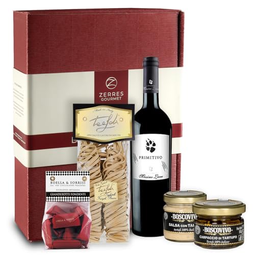 Zerres Gourmet Trüffel Geschenkset Italienische Spezialitäten mit echtem Sommertrüffel, Pasta, Trüffelsauce, Trüffelcarpaccio, Rotwein, Schokolade Die perfekte Trüffel Box zum verschenken von Zerres Gourmet