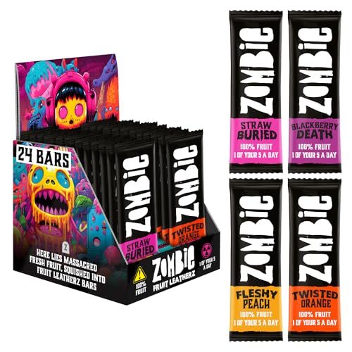 Zombie-Fruchtriegel, gemischte Box, 100% Frucht, Snackriegel ohne Zuckerzusatz, kalorienarme, natürliche Snacks, Kindersnacks, glutenfrei, vegan, nussfrei, 24 Riegel, 4 Geschmacksrichtungen von Zombie