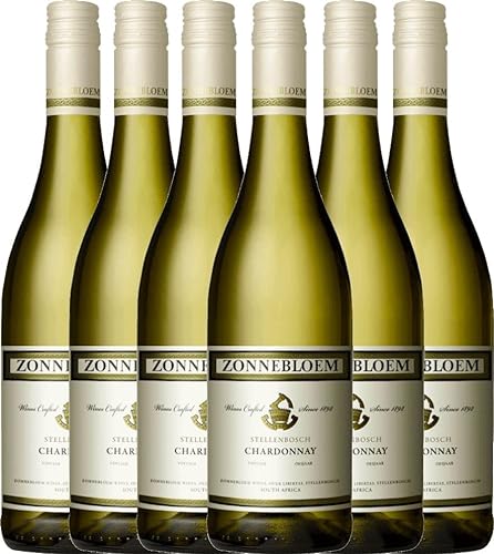 VINELLO 6er Weinpaket Weißwein - Chardonnay 2022 - Zonnebloem mit einem VINELLO.weinausgießer | 6 x 0,75 Liter von Zonnebloem