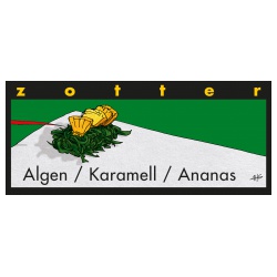 Bitterschokolade mit Algen, Karamell & Ananas, handgeschöpft von Zotter