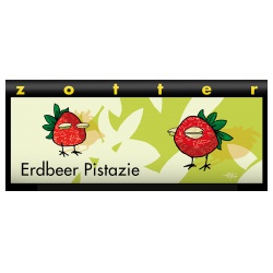 Dunkle Milchschokolade mit Erdbeer-Marzipan & Pistazien-Mandelnougat, handgeschöpft von Zotter
