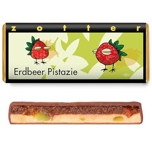 Zotter Dunkle Milchschokolade mit Erdbeer-Marzipan & Pistazien-Mandelnougat, handgeschöpft (70 g) - von Zotter