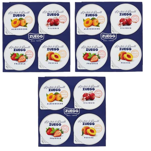 3x Zuegg Monoporzioni Marmeladen in Einzelportionen 4 Verschiedene Geschmacksrichtungen Aprikose - Pfirsich - Kirsche - Erdbeere 100g ( 4 x 25g ) Fruchtaufstriche von Zuegg