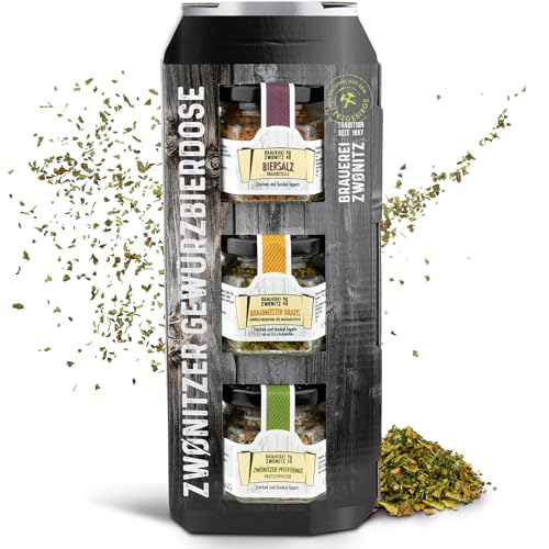 Brauerei Zwönitz Gewürzset mit Bratkartoffelgewürz, Biersalz und Pfeffer/Gewürzbox mit drei Gewürzmischungen/Gewürze Set Geschenk in der Gewürzbierdose Brauerei Zwönitz Gewürzset mit Bratkartoffelgewürz, Biersalz und Pfeffer/Gewürzbox mit drei Gewürzmischungen/Gewürze Set Geschenk in der Gewürzbierdose von Zwönitzer handwerklich gebraut