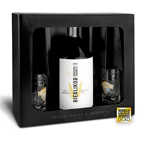 Brauerei Zwönitz Likör Geschenkset/Geschenkset aus Bierlikör 0,5l und zwei Shotgläser 4cl in Form eines Mini Bierkrug/Originelles Biergeschenk/Bier Geschenkset Bierlikör & Likörgläser von Zwönitzer handwerklich gebraut