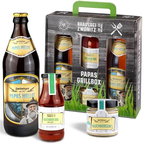 Brauerei Zwönitz – Papas Grillbox – Grill Set mit Bier, Senf & BBQ Sauce/BBQ Geschenkset/Grill Geschenke für Männer/BBQ Zubehör/Geschenke für Grillfans/BBQ Geschenk von Zwönitzer handwerklich gebraut