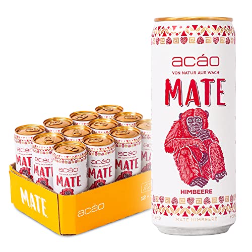 acáo Bio Mate Himbeere (12 × 330 ml Dose), inkl. 3 € Pfand – super fruchtig, kalorienarm, klimaneutral – Natural Energy Drink, koffeinhaltiges Erfrischungsgetränk | Mate Tee von acáo