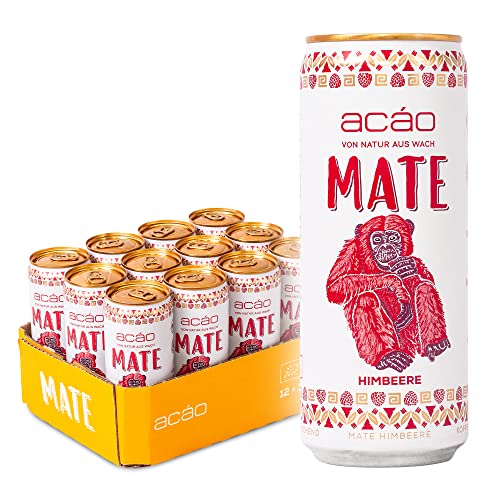 acáo Bio Mate Himbeere (12 × 330 ml Dose) – super fruchtig, kalorienarm – Natural Energy Drink, koffeinhaltiges Erfrischungsgetränk – Mate Tee von acáo