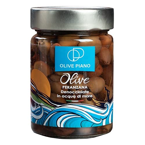 Peranzana-oliven entkernt in meerwasser 314ml - Ideal für Vorspeisen, Aperitifs, Salate, Pizza - Olio Piano von agricola PIANO