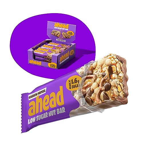 AHEAD Low Sugar Nut Bar | Nussriegel Müsliriegel ohne Zuckerzusatz mit Cashewkernen, Salzbrezel & Milchschokolade- 12x35g mit nur 1,7g Zucker pro glutenfreiem Riegel - Cashew Pretzel von ahead