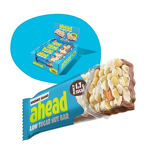 AHEAD Low Sugar Nut Bar | Nussriegel Müsliriegel ohne Zuckerzusatz mit Kokosnuss, Mandeln & Weißer Schokolade - 12x35g mit nur 1,7g Zucker pro glutenfreiem Riegel - Coconut Almond von ahead