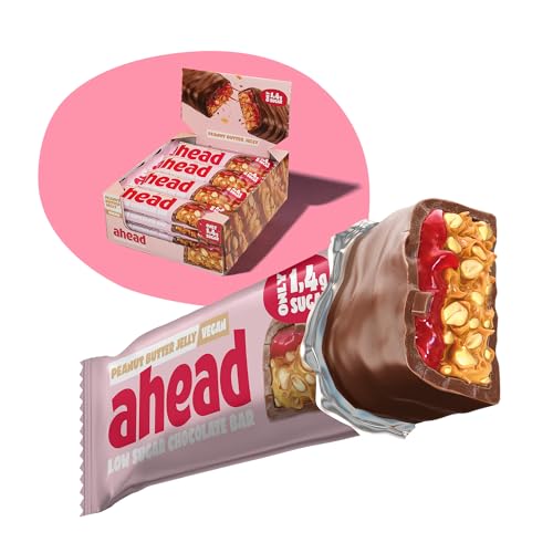 ahead Veganer Süßigkeiten Riegel – Peanut Butter Jelly – 16 x 35g – Keto Riegel mit zuckerfreier Schokolade – nur 5g Net Carbs pro Low Carb Süßigkeit von ahead