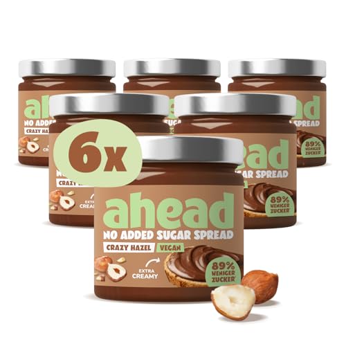 ahead CRAZY HAZEL VEGAN | 6 x 200g Haselnusscreme ohne Zuckerzusatz | Super leckerer Schokoaufstrich mit 80% weniger Zucker* | Ohne Palmöl, glutenfrei | Zuckerarmer Brotaufstrich Schokocreme von ahead