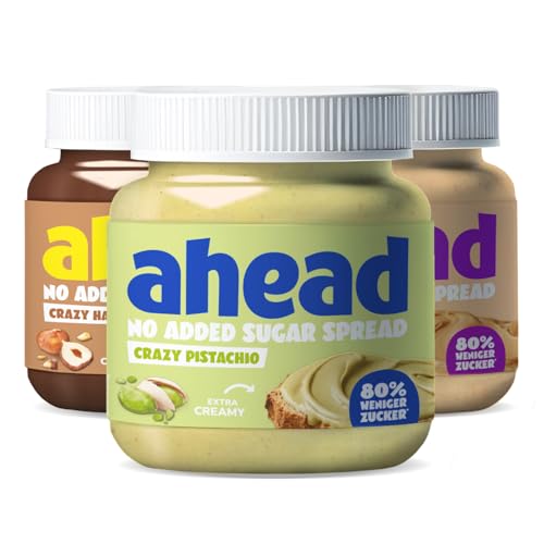 ahead Crazy Nuss Creme Mix | 3 x 350g Haselnusscreme & Pistaziencreme, ohne Zuckerzusatz | Aufstrich mit 80% weniger Zucker* | Ohne Palmöl, glutenfrei & vegetarisch | Zuckerarmer Brotaufstrich ahead Crazy Nuss Creme Mix | 3 x 350g Haselnusscreme & Pistaziencreme, ohne Zuckerzusatz | Aufstrich mit 80% weniger Zucker* | Ohne Palmöl, glutenfrei & vegetarisch | Zuckerarmer Brotaufstrich von ahead