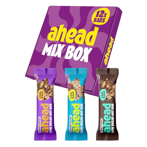 ahead Nutbar Mixbox | Nussriegel Müsliriegel ohne Zuckerzusatz mit 3 Sorten - 12x35g mit nur 1,7g Zucker pro glutenfreiem Riegel von ahead