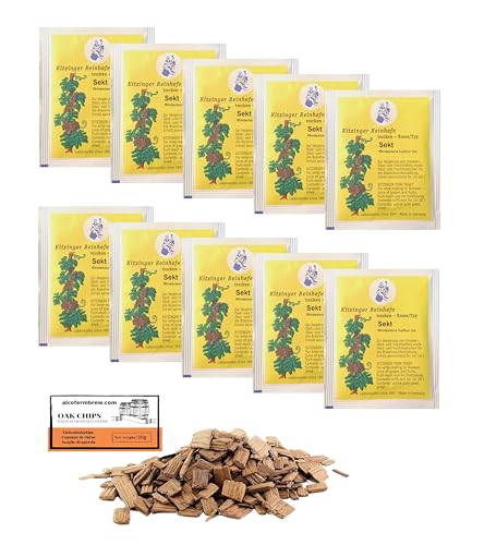 10 x Weinhefe Sekt, Hefe für Champagner 5g/10-50L + Französische Eichenchips 20g - Hefe für die Weingärung | Trockenhefe | Hefe für Schaumweine von AlcoFermBrew