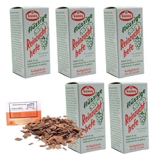 5 x Weinhefe - Kaltgarhefe 20ml + Eichenholz Chips, Vierka Wein Hefe, Hefe für Wein, Wein Flüssighefe von AlcoFermBrew