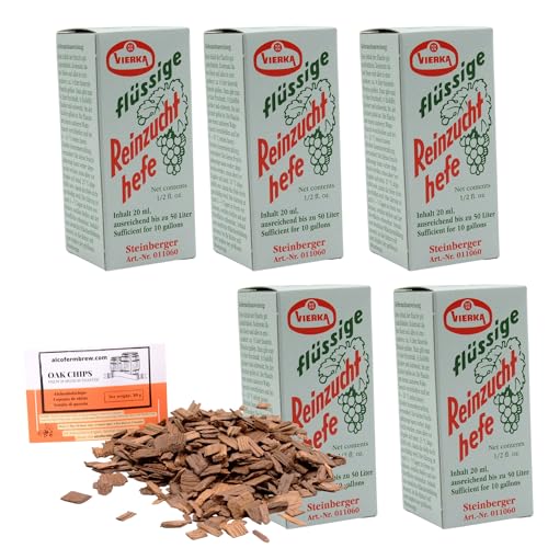 5 x Weinhefe - Steinberger 20ml + Eichenholz Chips, Vierka Wein Hefe, Hefe für Wein, Wein Flüssighefe von AlcoFermBrew