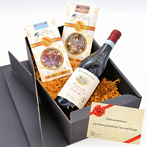 algawe Geschenkbox "Dolce Gusto" I Geschenkkorb für Frauen und Männer I Italienischer Rotwein (0,75l) mit handgemachtem Schokolade Dessert (2x50gr) von algawe