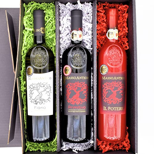 algawe Geschenkbox "Masso Antico" I Wein Geschenkset aus Bella Italia I Präsentkorb für Frauen und Männer I Geschenk mit 2x Rot- und 1x Weißwein (3x0,75l) von algawe